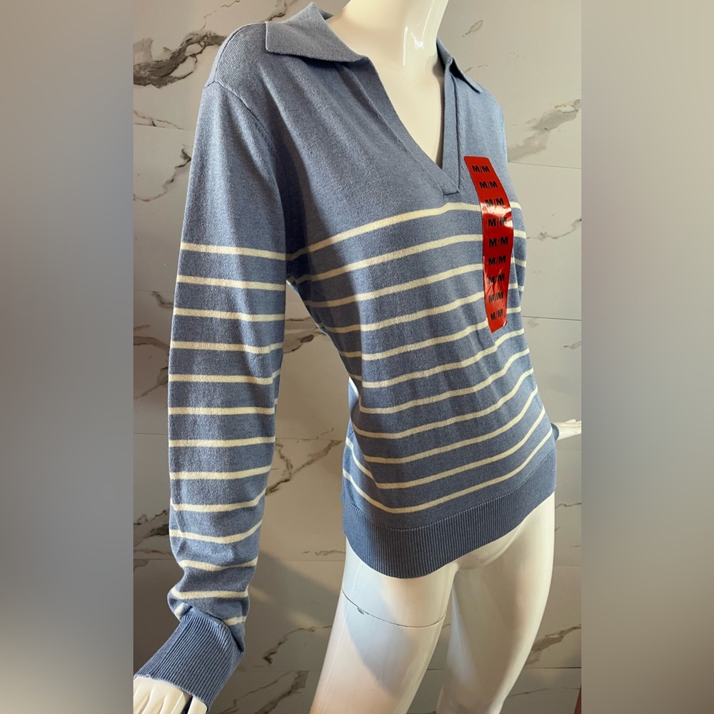 NWT LOFT Soft Blue & White Stripe V-Neck Collared Sweater Size M Business Casual